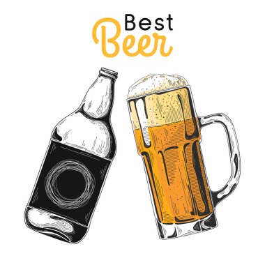 Şişe bira. Bardak bira. En iyi bira. Bir kroki stil vektör çizim.