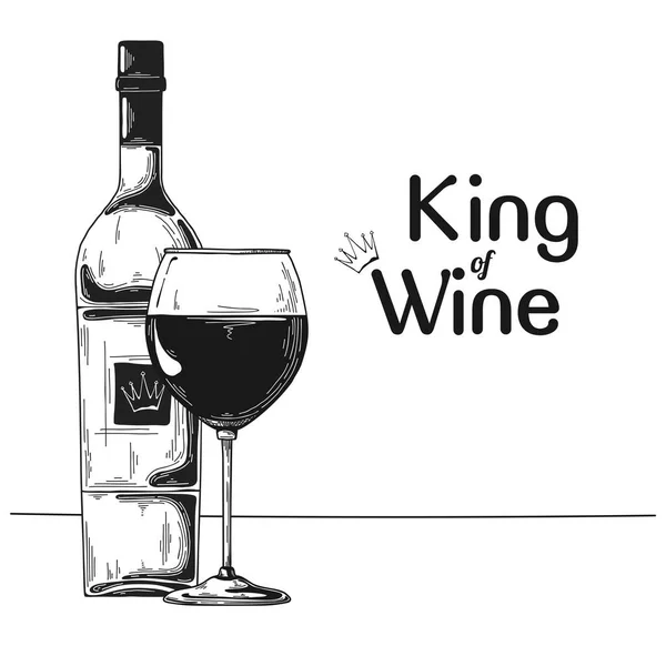 Fles Met Wijn Glas Tekst Koning Van Wijn Vectorillustratie — Stockvector