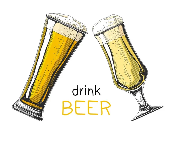 Twee Glazen Met Bier Een Witte Achtergrond Vectorillustratie Schets Stijl — Stockvector