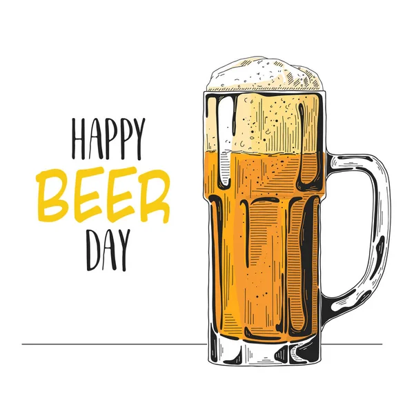 Esboço Copo Cerveja Texto Feliz Dia Cerveja Ilustração Vetorial Estilo —  Vetores de Stock