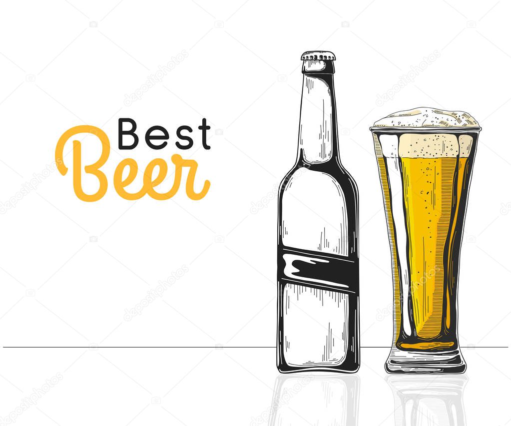Bottle of beer. Glass with beer. Best beer. Vector illustration of a sketch style.