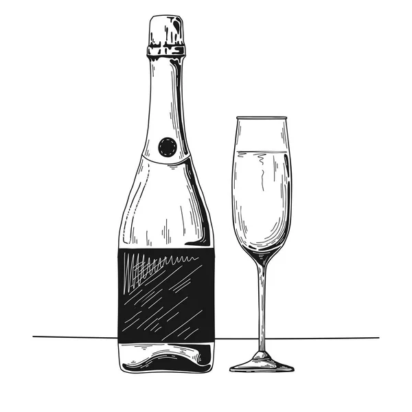 Flaska Champagne Och Glas Vektorillustration — Stock vektor