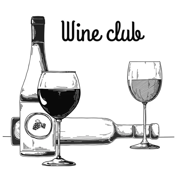 Flasche Mit Wein Und Weinglas Text Weinclub Vektorillustration — Stockvektor