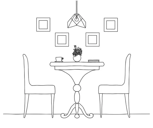 ダイニング ルームの一部です ラウンド テーブルと椅子 花のテーブルの花瓶に手描きのスケッチ ベクトル図 — ストックベクタ