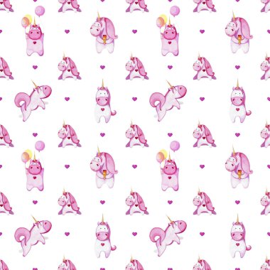 Pembe tek boynuzlu atlar ile Seamless modeli. Suluboya ile çizim.