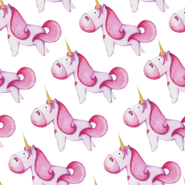 Patrón Sin Costuras Con Unicornios Rosados Dibujo Con Acuarela —  Fotos de Stock