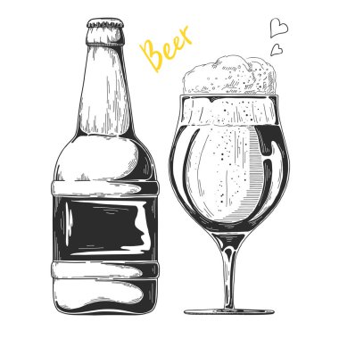 Şişe bira. Bardak bira. Bir kroki stil vektör çizim.