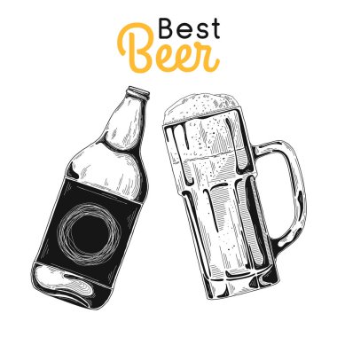 Şişe bira. Bardak bira. En iyi bira. Bir kroki stil vektör çizim.
