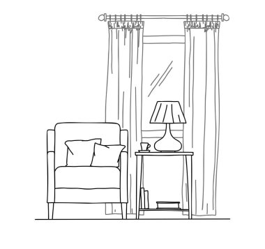 Elle çizilmiş sandalye, Resepsiyon, pencere. Bir vazo bir lamba ile geçerli. Vektör çizim kroki tarzı