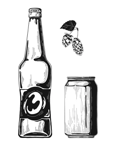 Σκίτσο Μπουκάλια Μπύρας Και Κουτιά Αλουμινίου Διάνυσμα — Διανυσματικό Αρχείο