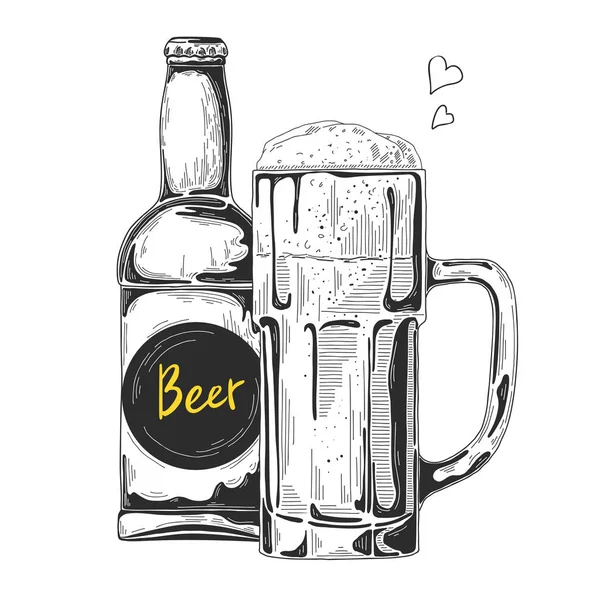 ビールのボトル ビールとグラス スケッチ スタイルのベクトル イラスト — ストックベクタ