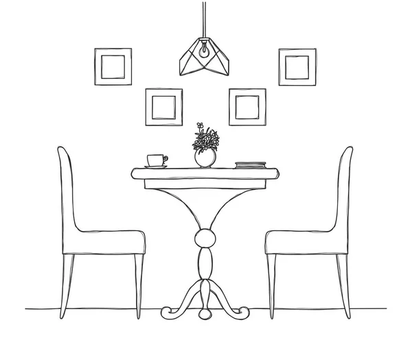 ダイニング ルームの一部です ラウンド テーブルと椅子 花のテーブルの花瓶に手描きのスケッチ ベクトル図 — ストックベクタ