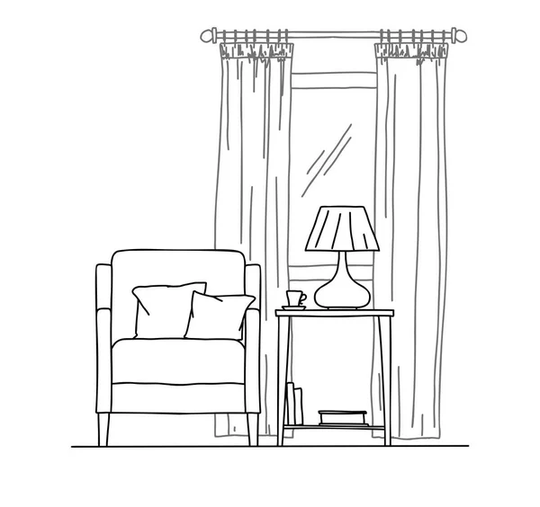 Ručně Tažené Židle Stůl Okno Stole Váza Lampou Vektorové Ilustrace — Stockový vektor