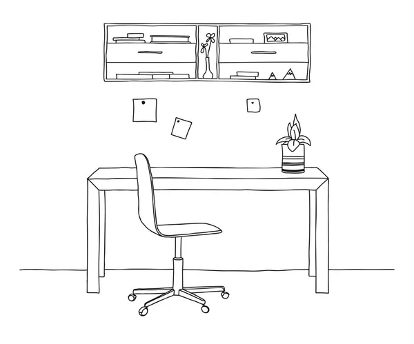 Σκιαγραφήστε Δωμάτιο Καρέκλα Γραφείου Γραφείο Διάφορα Αντικείμενα Πάνω Στο Τραπέζι — Διανυσματικό Αρχείο