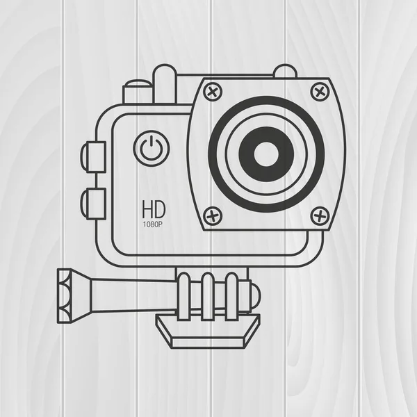 Sport camera, action camera on wooden background. Vector illustration in line style.