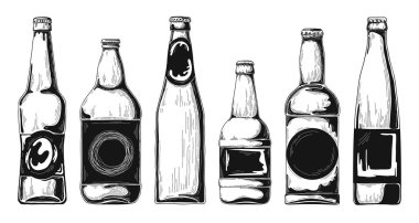 Bira şişeleri kümesi. Vektör çizim. Kroki