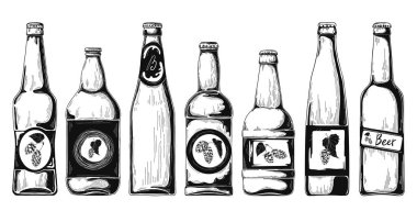 Bira şişeleri kümesi. Vektör çizim. Kroki