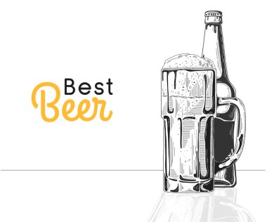 Şişe bira. Bardak bira. En iyi bira. Bir kroki stil vektör çizim.