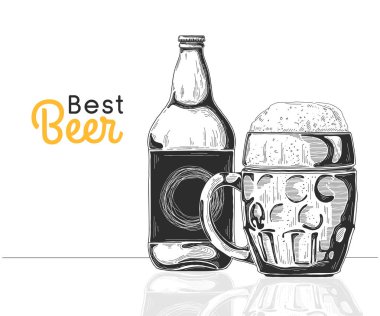 Şişe bira. Bardak bira. En iyi bira. Bir kroki stil vektör çizim.