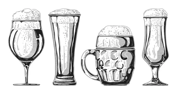 Conjunto Vasos Diferentes Con Cerveza Diferentes Tazas Cerveza Ilustración Vectorial — Archivo Imágenes Vectoriales