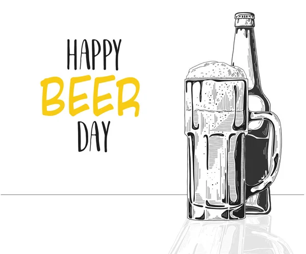 Бутылка Пива Стакан Пивом Надпись Счастливого Дня Пива Векторная Иллюстрация — стоковый вектор