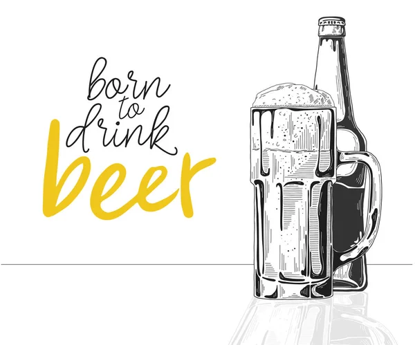 Flasche Bier Glas Mit Bier Bildunterschrift Geboren Bier Trinken Vektor — Stockvektor