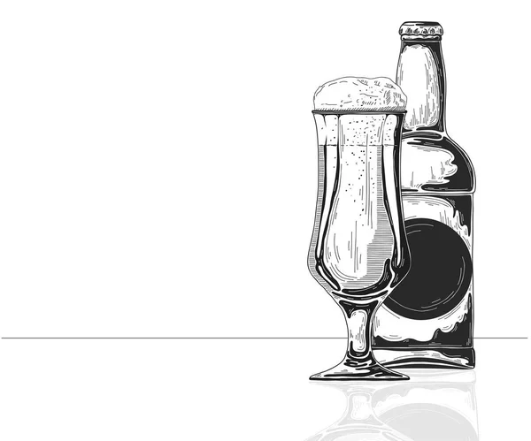 Uma Garrafa Cerveja Copo Com Cerveja Ilustração Vetorial Estilo Esboço —  Vetores de Stock