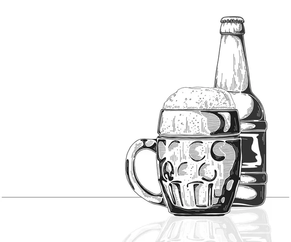 병입니다 맥주와 유리입니다 일러스트 스케치 스타일의 — 스톡 벡터