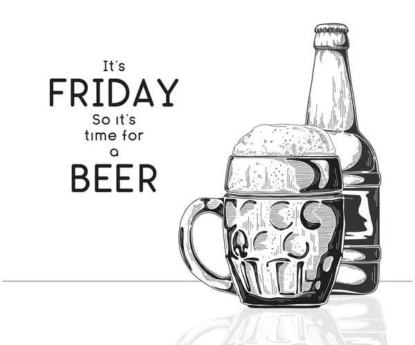 병입니다 맥주와 유리입니다 그것은 금요일 맥주를 이다입니다 일러스트 스케치 스타일의 — 스톡 벡터