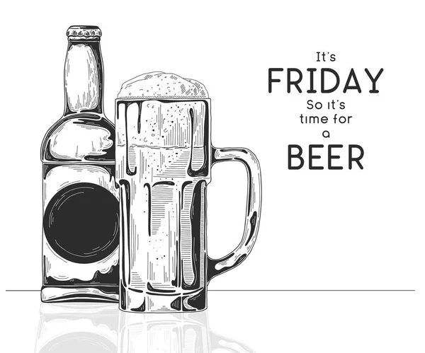 啤酒瓶 与啤酒的玻璃 它是星期五 所以现在是时候喝一杯啤酒 矢量图的素描样式 — 图库矢量图片