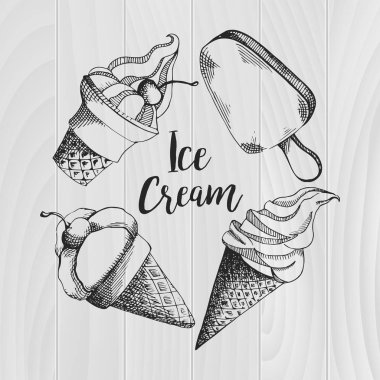 Ahşap arka plan üzerinde farklı dondurma kümesi. Vektör çizim kroki tarzı