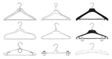 Elbise askıları beyaz bir arka plan üzerinde izole kümesi. Vektör