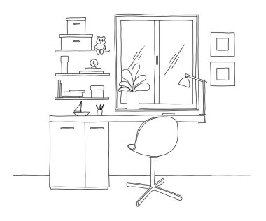 Kroki Oda. Ofis koltuğu, Resepsiyon, masanın üzerinde çeşitli nesneler. Çalışma alanı çizin. Vektör çizim