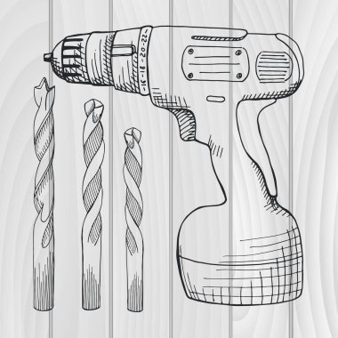 Vida silah ve ahşap matkap kümesi. Araçlar illüstrasyon vektör kroki tarzı.