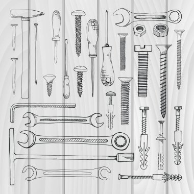 Araçlar, donanım kümesi. Farklı fastener beyaz arka plan üzerinde izole. Bir kroki tarzı çizilmiş vektör çizim el.