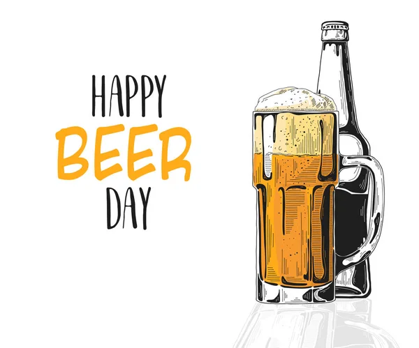 Uma Garrafa Cerveja Copo Com Cerveja Legenda Happy Beer Day —  Vetores de Stock