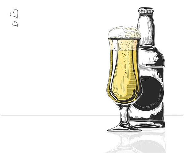 Bottle Beer Glass Beer Vector Illustration Sketch Style — Stock Vector