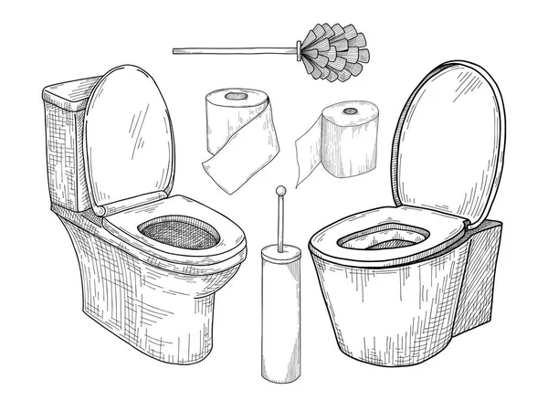 Skizze Von Toilettenschüssel Und Anderen Toilettenartikeln Isoliert Auf Weißem Hintergrund — Stockvektor