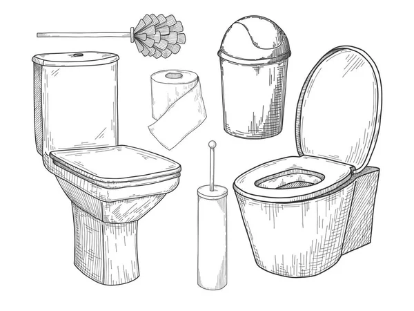 在白色背景上查出的马桶和其他洗浴用品的素描 — 图库矢量图片