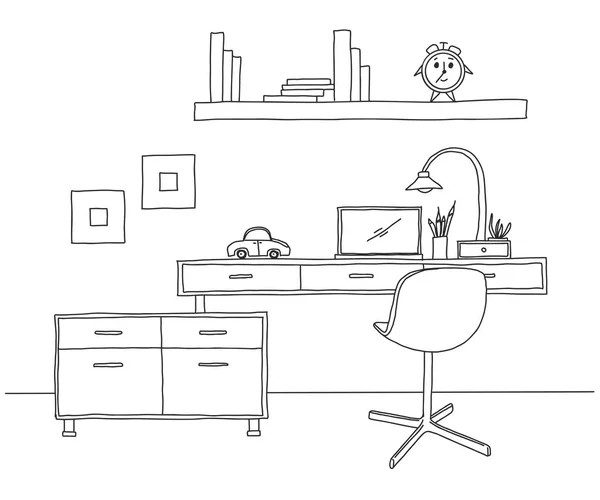 部屋をスケッチします オフィスの椅子 テーブルの上のさまざまなオブジェクト ワークスペースをスケッチします ベクトル図 — ストックベクタ