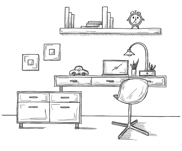 素描的房间 办公椅 办公桌 桌上的各种对象 草绘工作区 矢量图 — 图库矢量图片