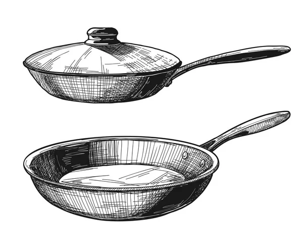 Twee Skillets Geïsoleerd Een Witte Achtergrond Vectorillustratie — Stockvector