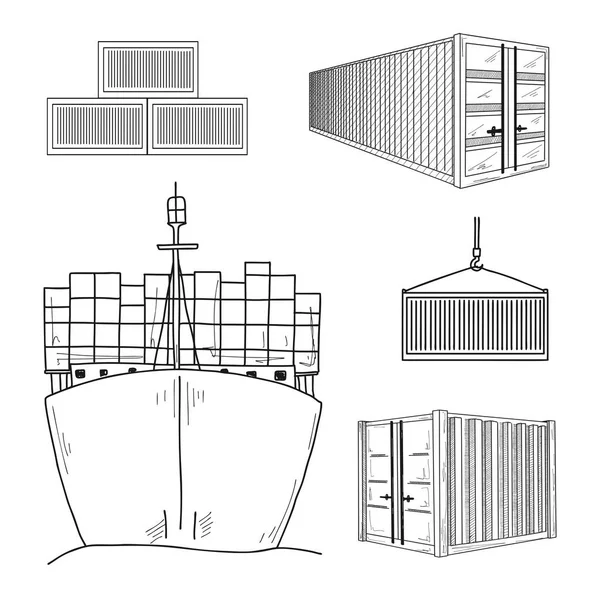 Disegnare Vari Container Navi Carico Disegnato Mano Set Vettoriale — Vettoriale Stock