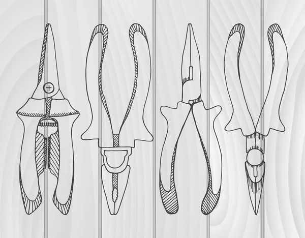 组的钳子 钳子和修枝剪刀 在矢量的素描样式工具图 — 图库矢量图片