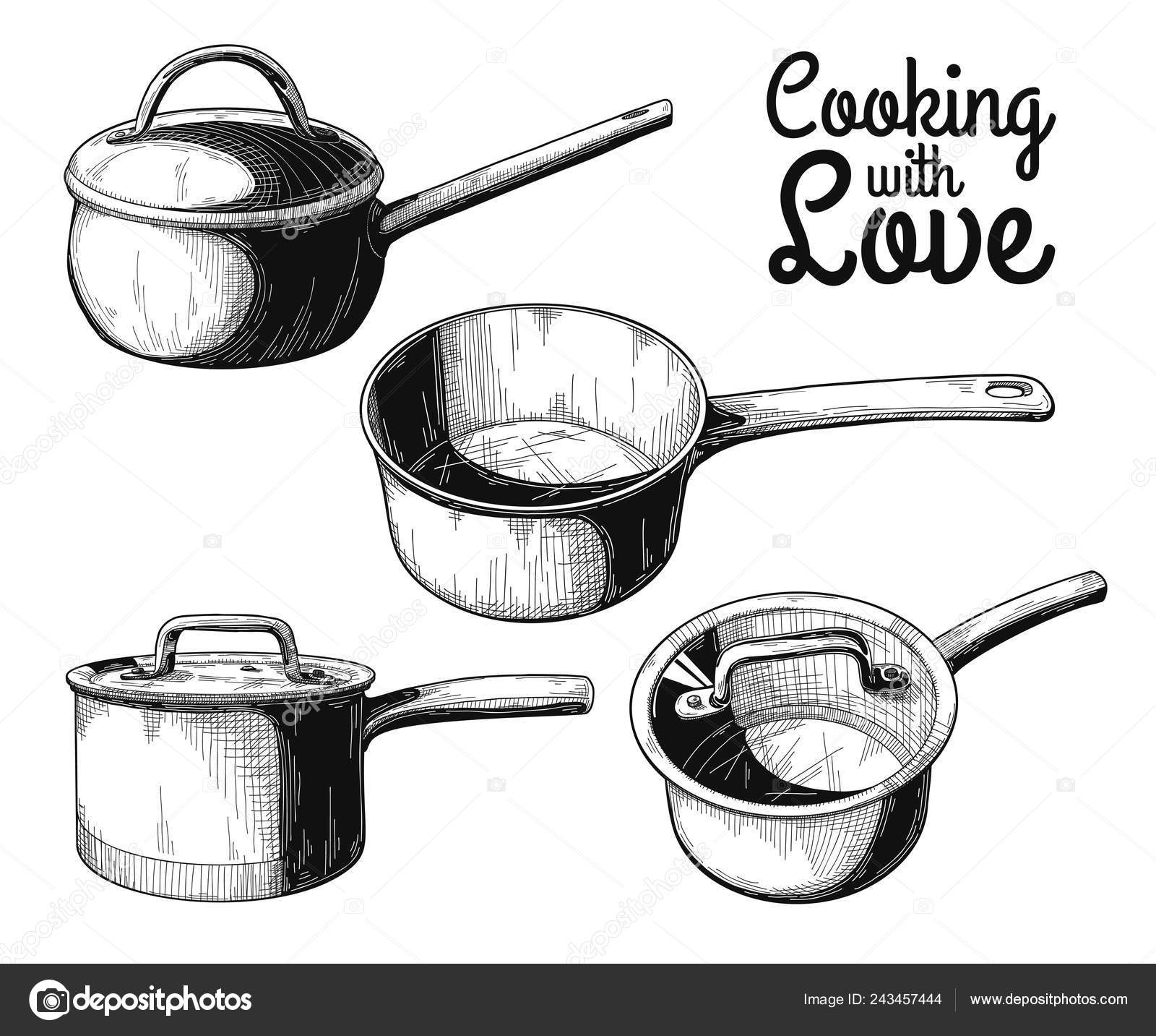 Set Different Saucepans White Background Vector Illustration Stock