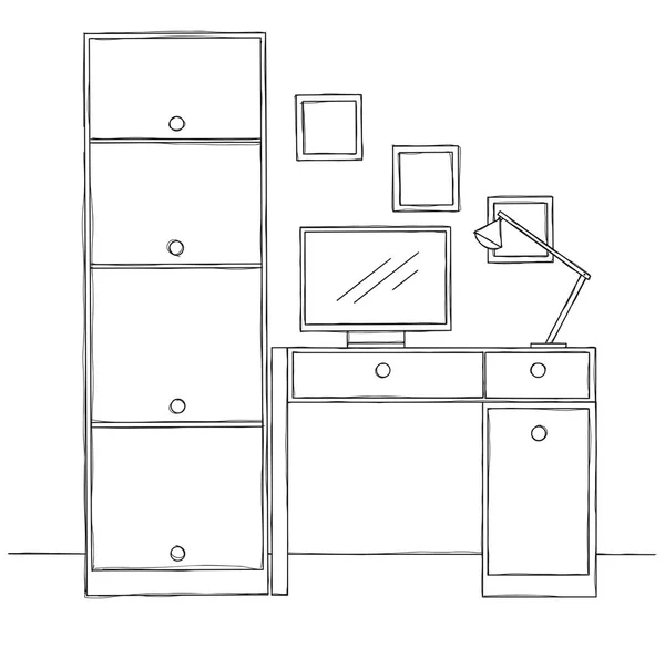 Skizzieren Sie Den Raum Bürostuhl Schreibtisch Verschiedene Gegenstände Auf Dem — Stockvektor