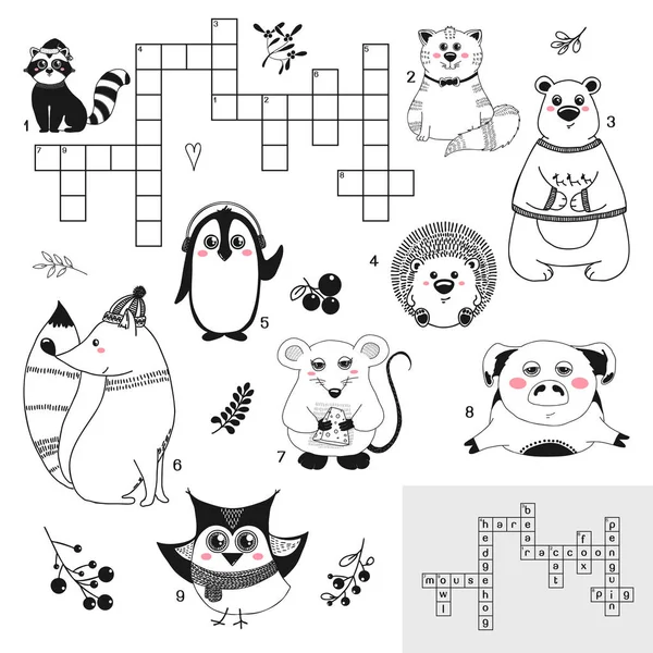 Křížovky Vzdělávací Hra Pro Děti Různými Zvířaty Vektorové Ilustrace Náčrtu — Stockový vektor