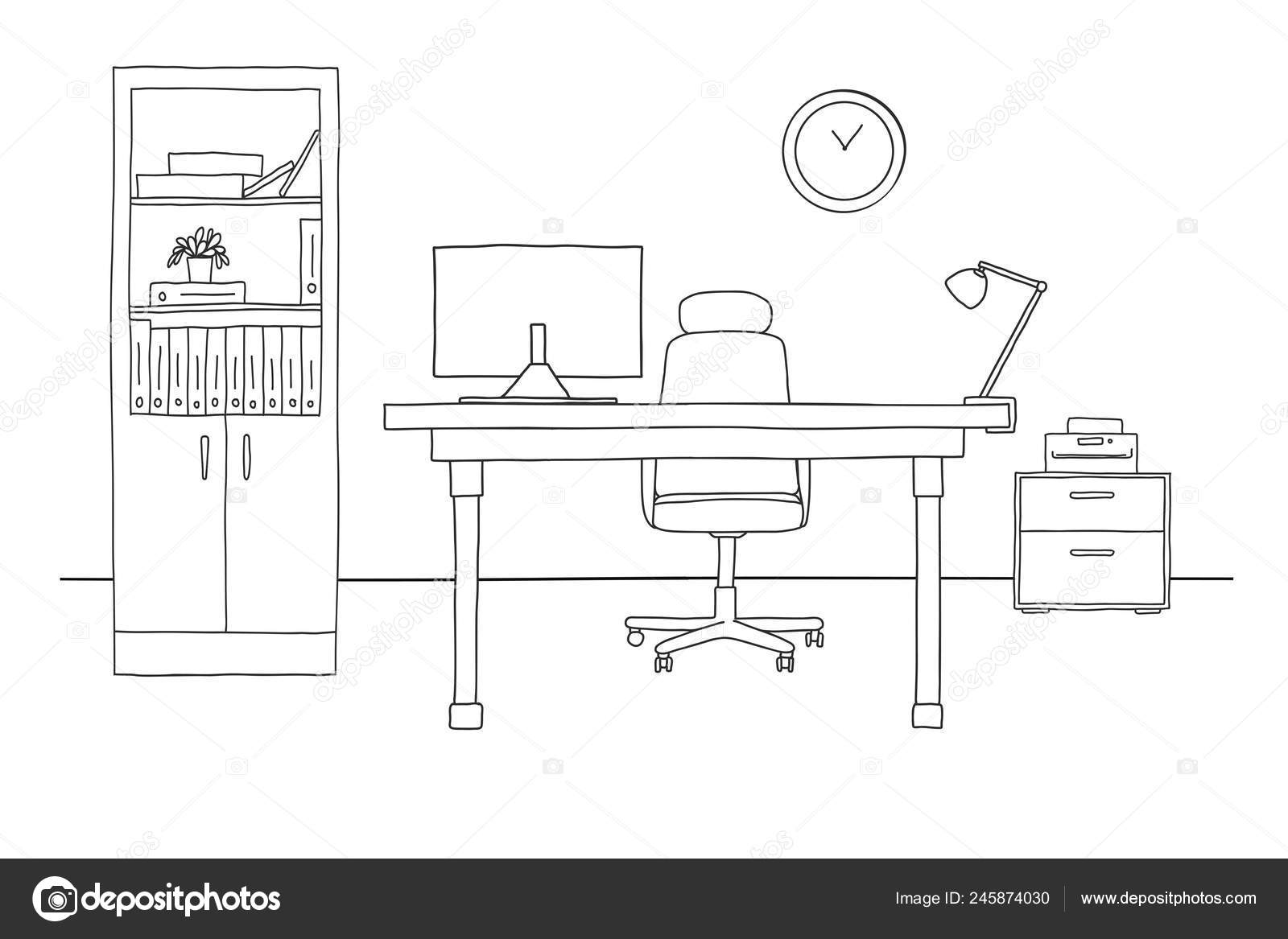 Sketch the room. Office chair, desk, various objects on the table. Sketch  workspace. | Stock vector | Colourbox