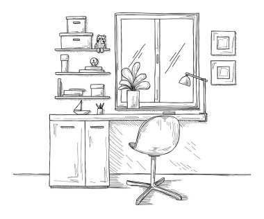 Kroki Oda. Ofis koltuğu, Resepsiyon, masanın üzerinde çeşitli nesneler. Çalışma alanı çizin. Vektör çizim