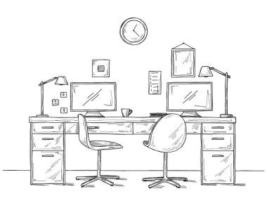 Açık alan ofis. İşyerleri açık havada. Masalar, sandalyeler. Vektör çizim bir kroki tarzı.